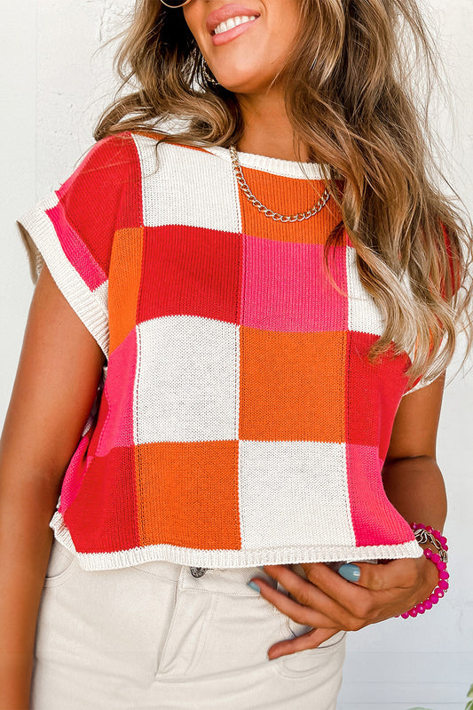 Fiery Red Color Block Cap Sleeve Sweater