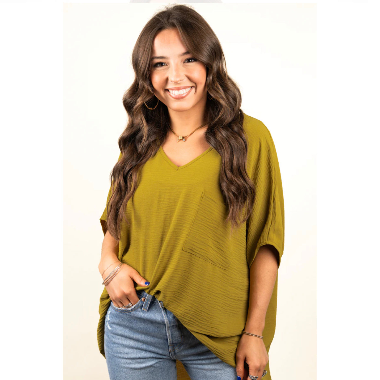 Crinkled V-Neck Dolman Pocket Top -