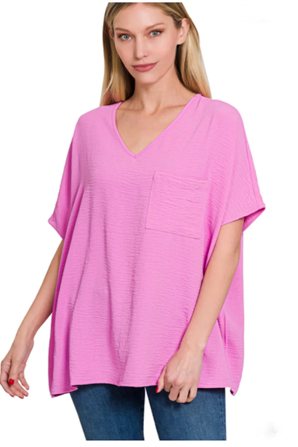 Mauve Crinkled V-Neck Dolman Pocket Top